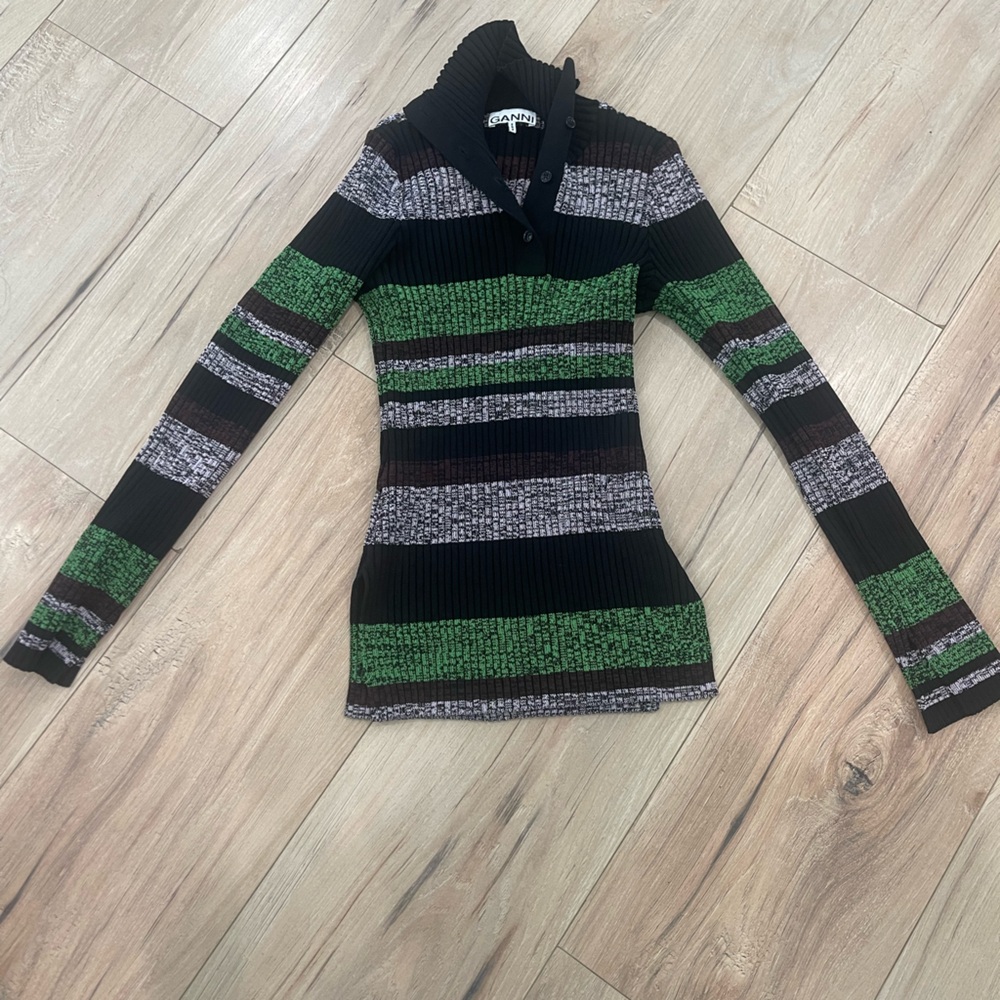 GANNI STRIPED RIBBED SWEATER